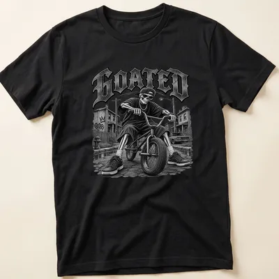 Vintage Y2K T-shirt featuring a skeleton riding a bike with bold 'GOATED' text.