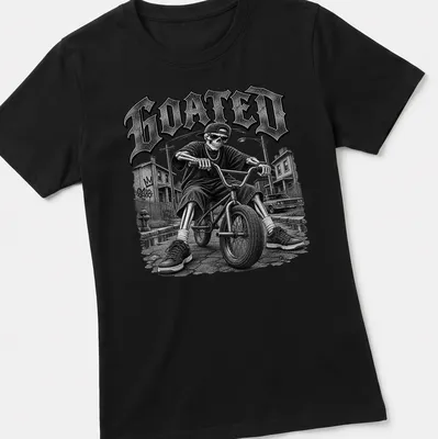 Vintage Y2K T-shirt featuring a skeleton riding a bike with bold 'GOATED' text. — printed on a women's shirt