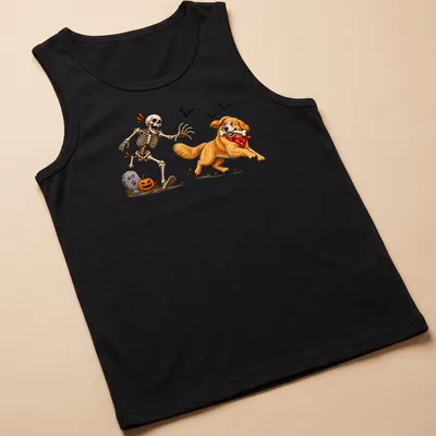 Cartoon Golden Retriever stealing a bone from a skeleton in Halloween colors — printed on a tank top