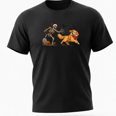 Cartoon Golden Retriever stealing a bone from a skeleton in Halloween colors — printed on a unisex t-shirt