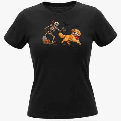 Cartoon Golden Retriever stealing a bone from a skeleton in Halloween colors — printed on a women's shirt