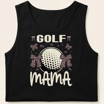 Cute Golf Mama t-shirt featuring a golf ball with pink leopard bows — printed on a tank top