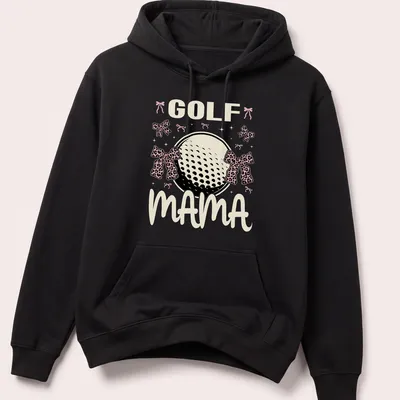 Cute Golf Mama t-shirt featuring a golf ball with pink leopard bows — printed on a unisex hoodie