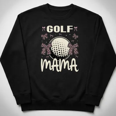 Cute Golf Mama t-shirt featuring a golf ball with pink leopard bows — printed on a unisex sweatshirt