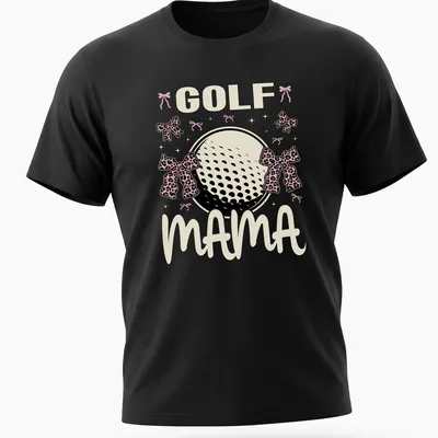 Cute Golf Mama t-shirt featuring a golf ball with pink leopard bows