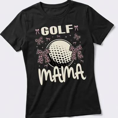 Cute Golf Mama t-shirt featuring a golf ball with pink leopard bows — printed on a women's shirt