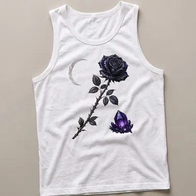 Gothic design featuring a black rose, crescent moon, and purple crystal illustration — printed on a tank top