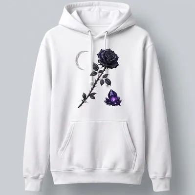 Gothic design featuring a black rose, crescent moon, and purple crystal illustration — printed on a unisex hoodie