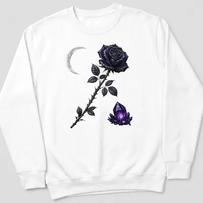 Gothic design featuring a black rose, crescent moon, and purple crystal illustration — printed on a unisex sweatshirt