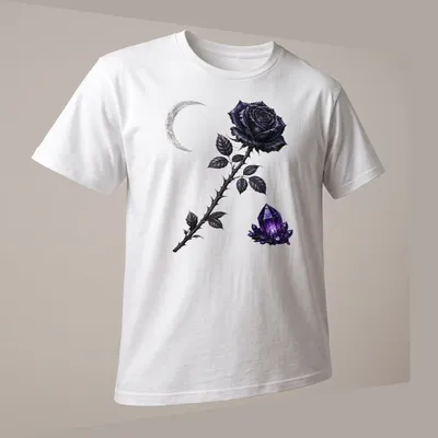 Gothic design featuring a black rose, crescent moon, and purple crystal illustration — printed on a unisex t-shirt (angled view)