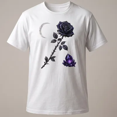 Gothic design featuring a black rose, crescent moon, and purple crystal illustration