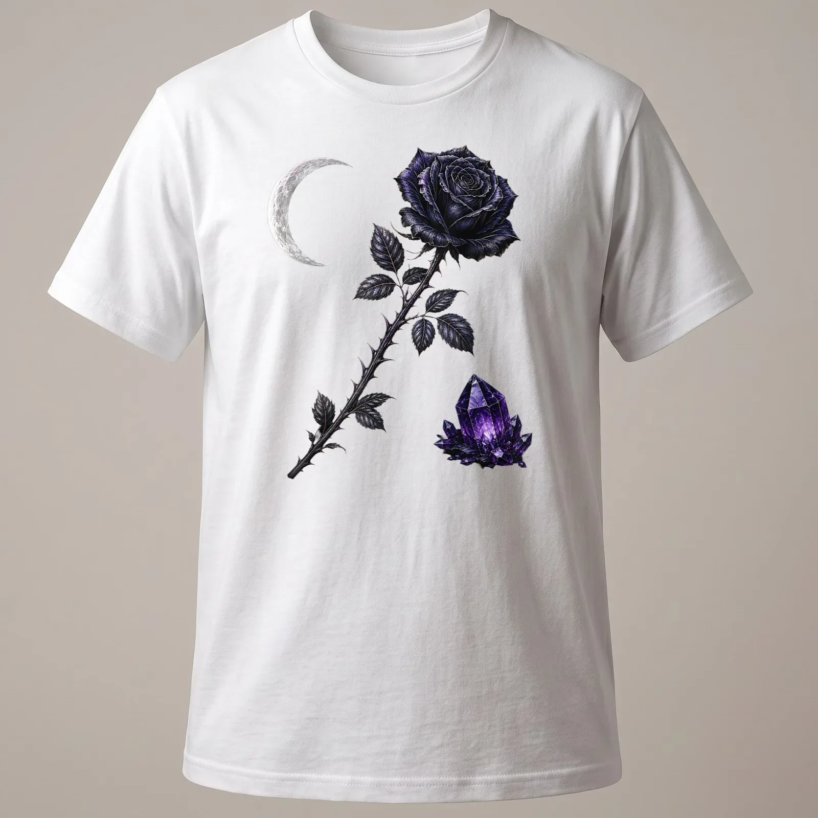Gothic design featuring a black rose, crescent moon, and purple crystal illustration — printed on a unisex t-shirt