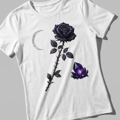 Gothic design featuring a black rose, crescent moon, and purple crystal illustration — printed on a women's shirt