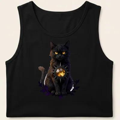 Gothic black cat design with citrine and purple accents on black — printed on a tank top