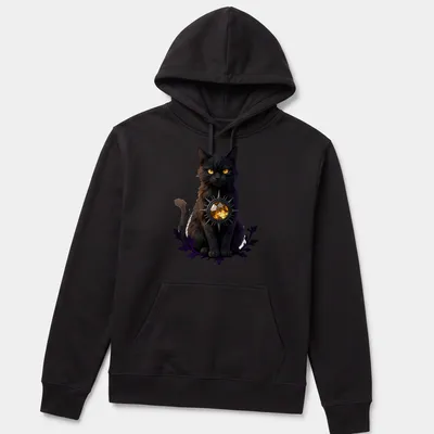 Gothic black cat design with citrine and purple accents on black — printed on a unisex hoodie