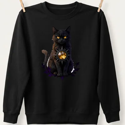 Gothic black cat design with citrine and purple accents on black — printed on a unisex sweatshirt
