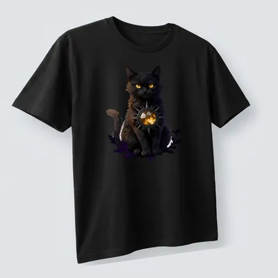 Gothic black cat design with citrine and purple accents on black — printed on a unisex t-shirt (angled view)