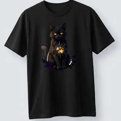 Gothic black cat design with citrine and purple accents on black — printed on a unisex t-shirt