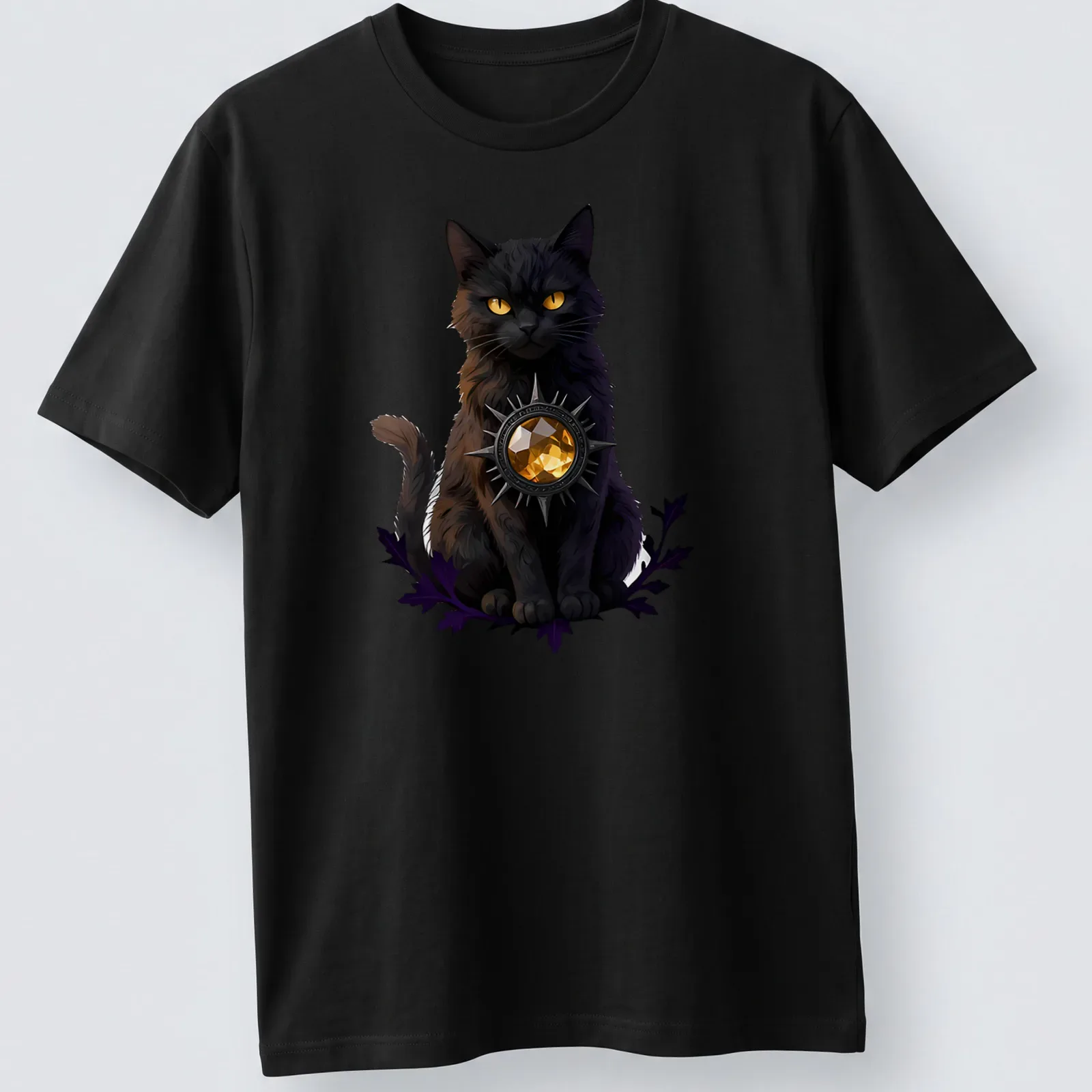 Gothic black cat design with citrine and purple accents on black — printed on a unisex t-shirt