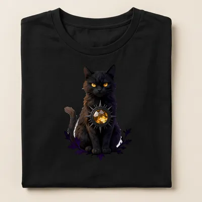 Gothic black cat design with citrine and purple accents on black — printed on a women's shirt