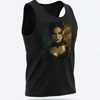 Gothic portrait of a woman with amber eyes and lace details in dark colors — printed on a tank top