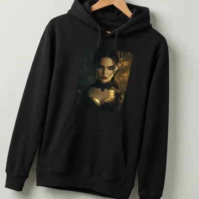 Gothic portrait of a woman with amber eyes and lace details in dark colors — printed on a unisex hoodie