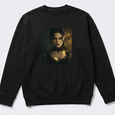 Gothic portrait of a woman with amber eyes and lace details in dark colors — printed on a unisex sweatshirt