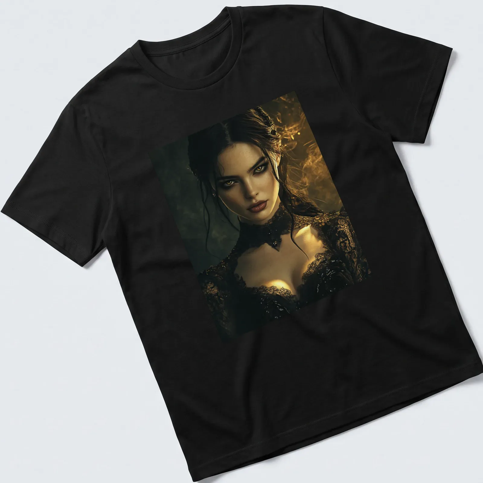 Gothic portrait of a woman with amber eyes and lace details in dark colors — printed on a unisex t-shirt