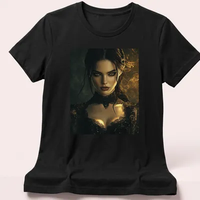 Gothic portrait of a woman with amber eyes and lace details in dark colors — printed on a women's shirt