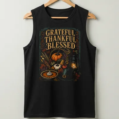 Vintage illustration of pumpkin pie with lantern, saying Grateful Thankful Blessed — printed on a tank top