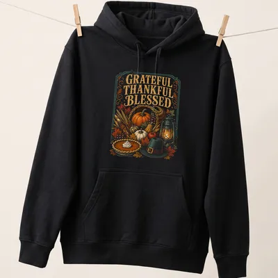 Vintage illustration of pumpkin pie with lantern, saying Grateful Thankful Blessed — printed on a unisex hoodie