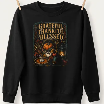 Vintage illustration of pumpkin pie with lantern, saying Grateful Thankful Blessed — printed on a unisex sweatshirt