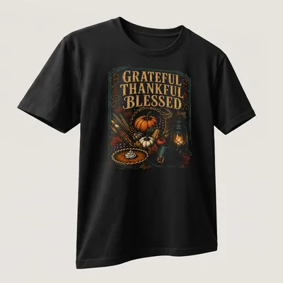 Vintage illustration of pumpkin pie with lantern, saying Grateful Thankful Blessed — printed on a unisex t-shirt (angled view)