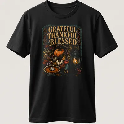 Vintage illustration of pumpkin pie with lantern, saying Grateful Thankful Blessed — printed on a unisex t-shirt