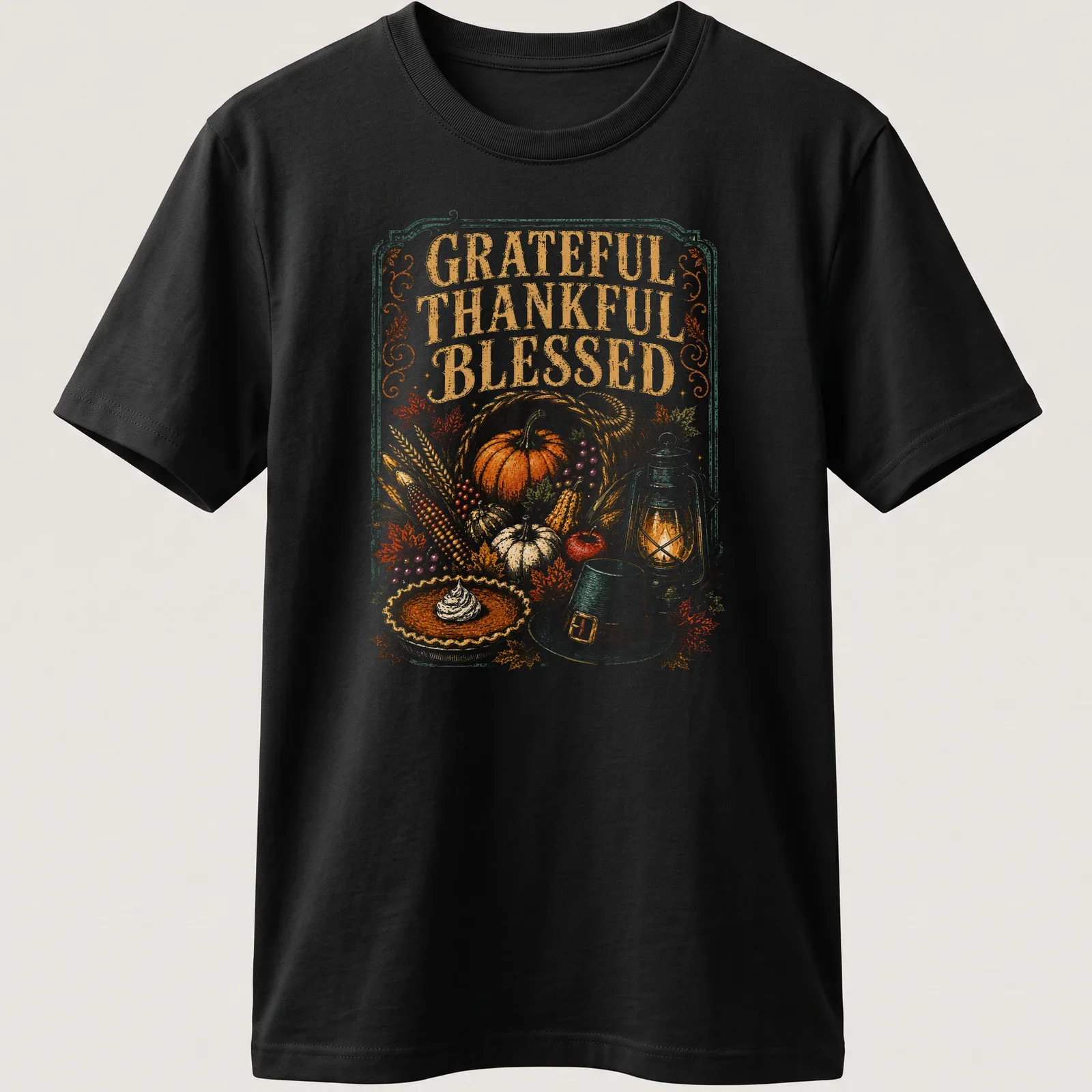 Vintage illustration of pumpkin pie with lantern, saying Grateful Thankful Blessed — printed on a unisex t-shirt