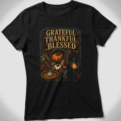 Vintage illustration of pumpkin pie with lantern, saying Grateful Thankful Blessed — printed on a women's shirt