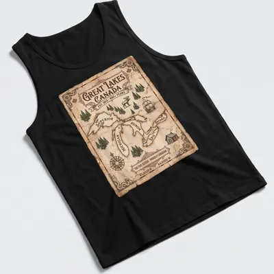 Vintage map of the Great Lakes with text celebrating Canadian heritage — printed on a tank top