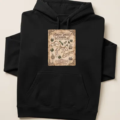 Vintage map of the Great Lakes with text celebrating Canadian heritage — printed on a unisex hoodie