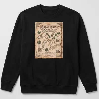Vintage map of the Great Lakes with text celebrating Canadian heritage — printed on a unisex sweatshirt