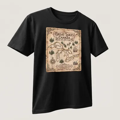 Vintage map of the Great Lakes with text celebrating Canadian heritage — printed on a unisex t-shirt (angled view)