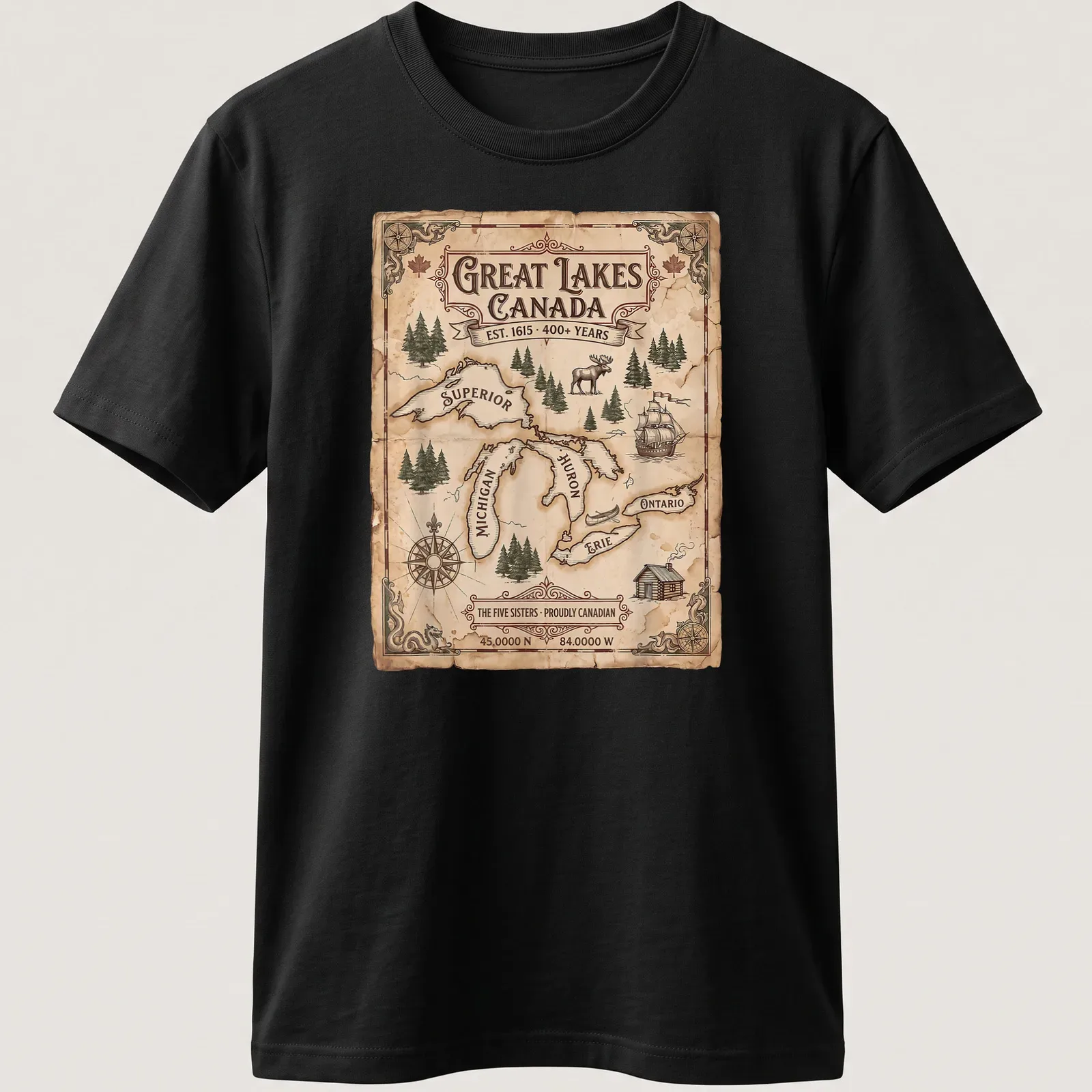 Vintage map of the Great Lakes with text celebrating Canadian heritage — printed on a unisex t-shirt