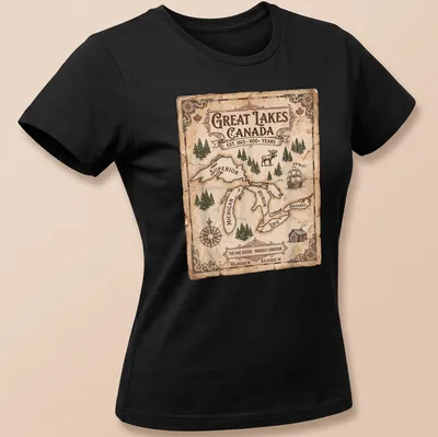 Vintage map of the Great Lakes with text celebrating Canadian heritage — printed on a women's shirt