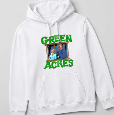 Vintage illustration of Green Acres characters with the phrase Green Acres — printed on a unisex hoodie