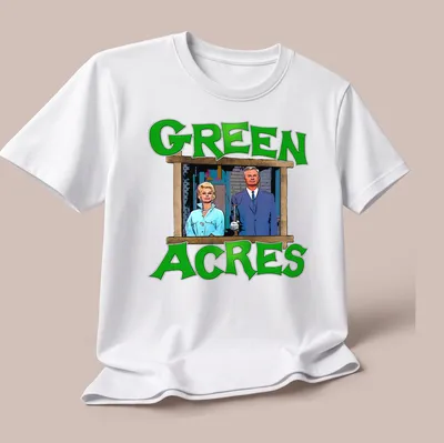 Vintage illustration of Green Acres characters with the phrase Green Acres — printed on a unisex t-shirt (angled view)