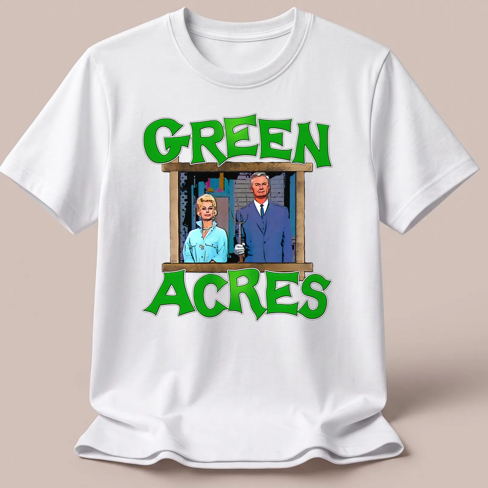 Vintage illustration of Green Acres characters with the phrase Green Acres — printed on a unisex t-shirt