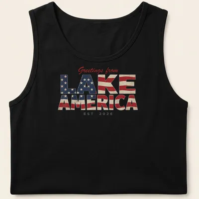 Vintage distressed t-shirt featuring patriotic text and lake imagery. — printed on a tank top