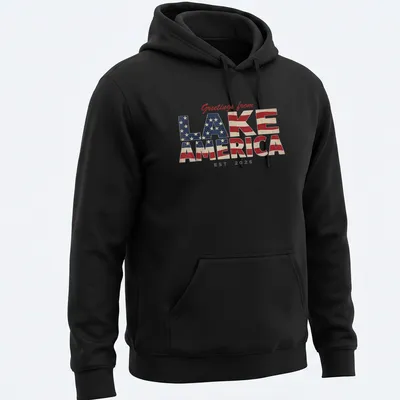 Vintage distressed t-shirt featuring patriotic text and lake imagery. — printed on a unisex hoodie