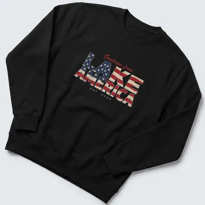 Vintage distressed t-shirt featuring patriotic text and lake imagery. — printed on a unisex sweatshirt
