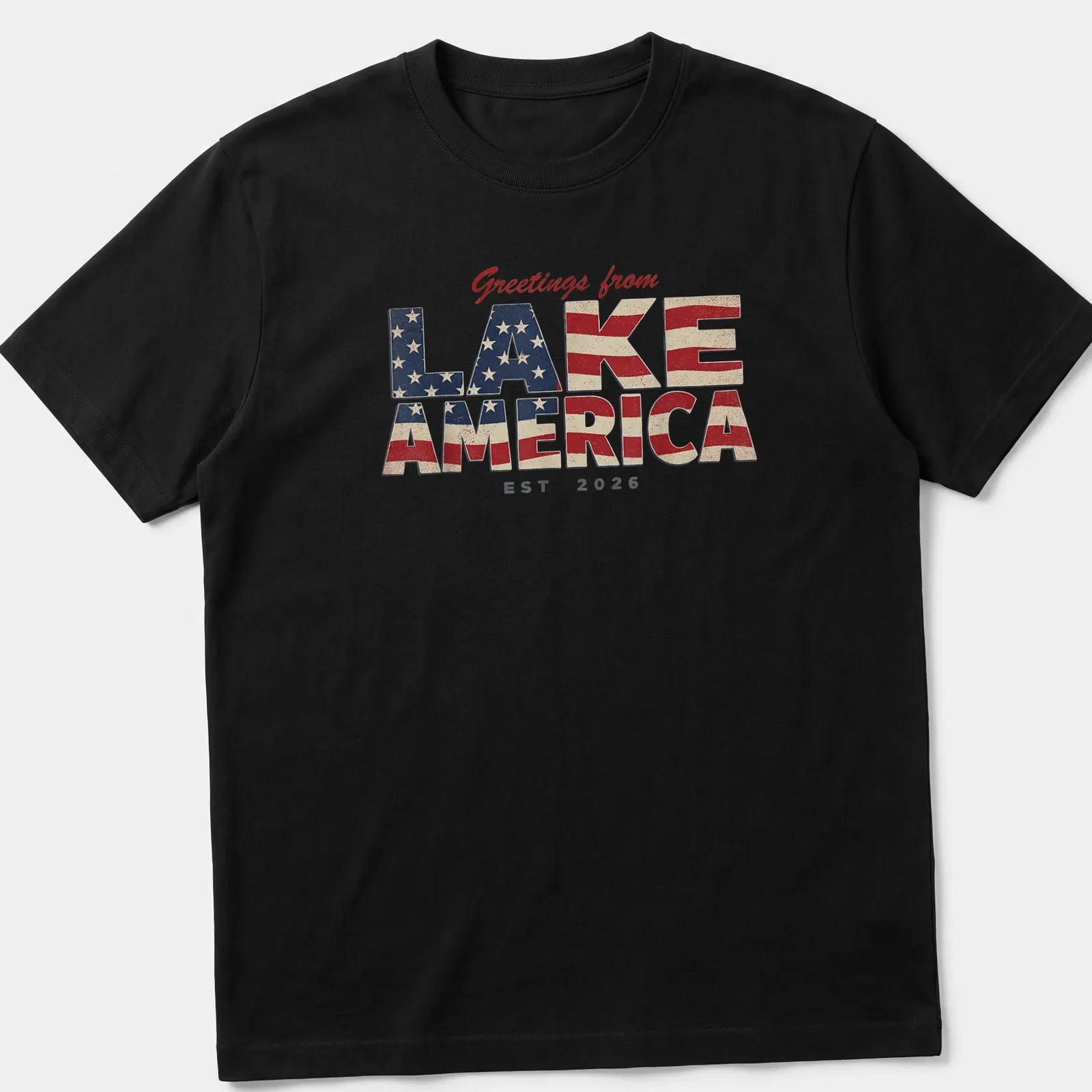 Vintage distressed t-shirt featuring patriotic text and lake imagery. — printed on a unisex t-shirt