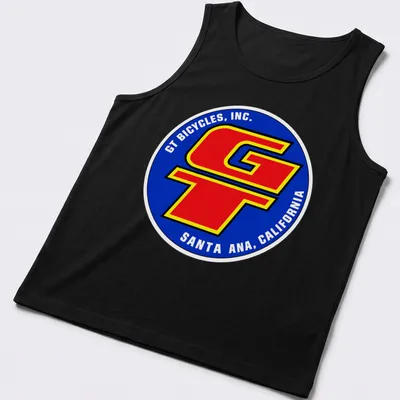 Vintage BMX T-shirt featuring GT Bicycles logo in blue, red, yellow, and white — printed on a tank top